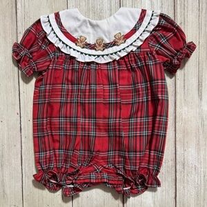 Vintage red plaid teddy bear bubble romper 3-6m girls